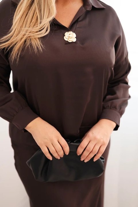Komplet damska Plus Size z satynowym połyskiem i koronką brązowy Komplet damska Plus Size z satynowym połyskiem i koronką brązowy