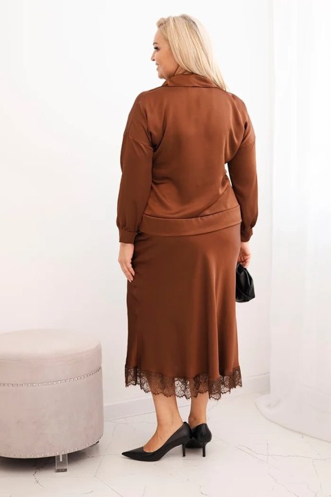 Komplet damska Plus Size z satynowym połyskiem i koronką camelowy Komplet damska Plus Size z satynowym połyskiem i koronką camelowy