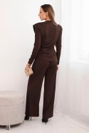 Komplet damski bawełniany z bluzką i spodniami z szeroką nogawką brązowy