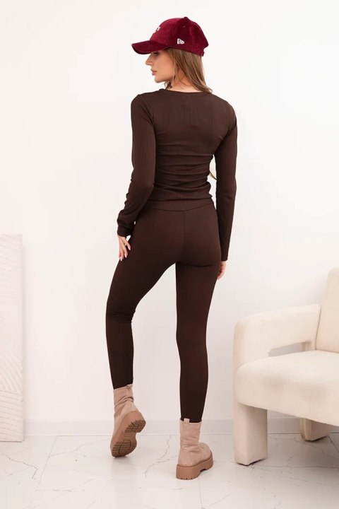 Komplet damski bawełniany z długim rękawem i legginsami brązowy