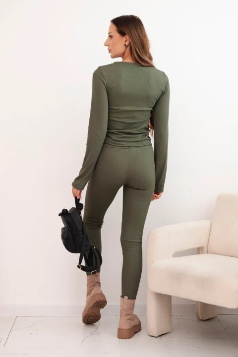 Komplet damski bawełniany z długim rękawem i legginsami khaki