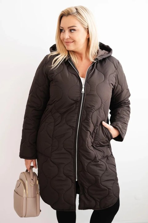 Kurtka damska Plus Size zimowa pikowana z kapturem brązowa Kurtka damska Plus Size zimowa pikowana z kapturem brązowa