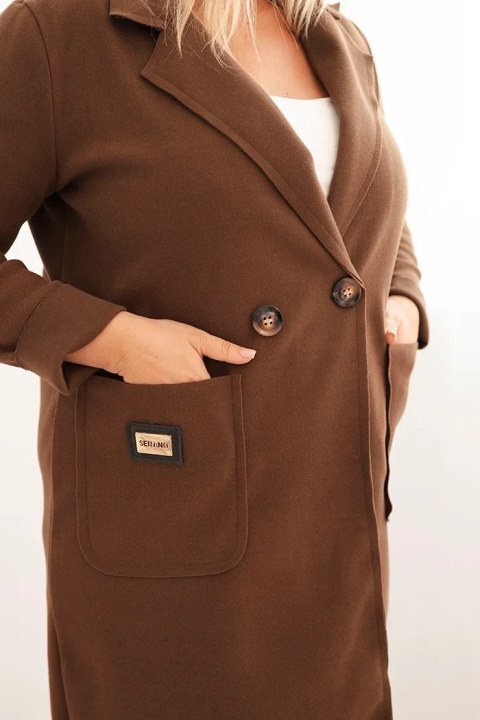 Płaszcz damski elegancki Plus Size z kołnierzem i dużymi kieszeniami czekoladowy Płaszcz damski elegancki Plus Size z kołnierzem i dużymi kieszeniami czekoladowy