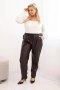 Spodnie damskie Plus Size z ekoskóry z wysokim stanem i gumką w pasie brązowe