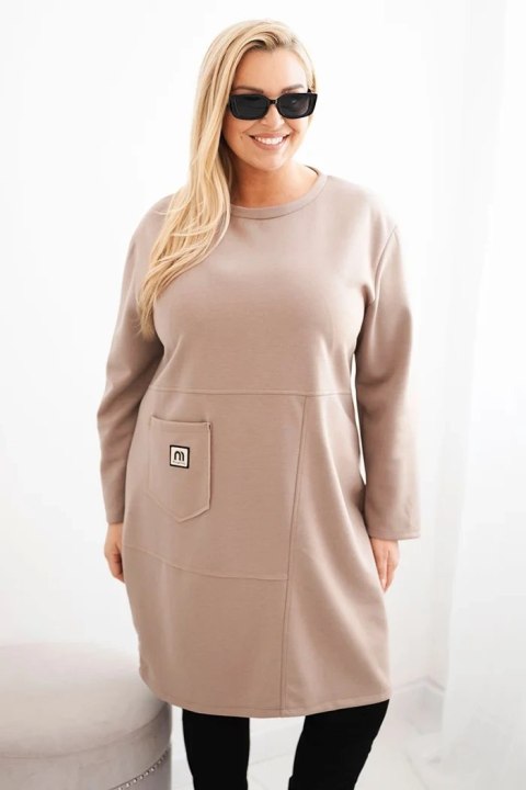 Sukienka damska Plus Size masełko z kieszenią i rękawem 3/4 camelowy Sukienka damska Plus Size masełko z kieszenią i rękawem 3/4 camelowy