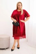 Sukienka damska Plus Size z cekinami i koronkowym wykończeniem bordowa