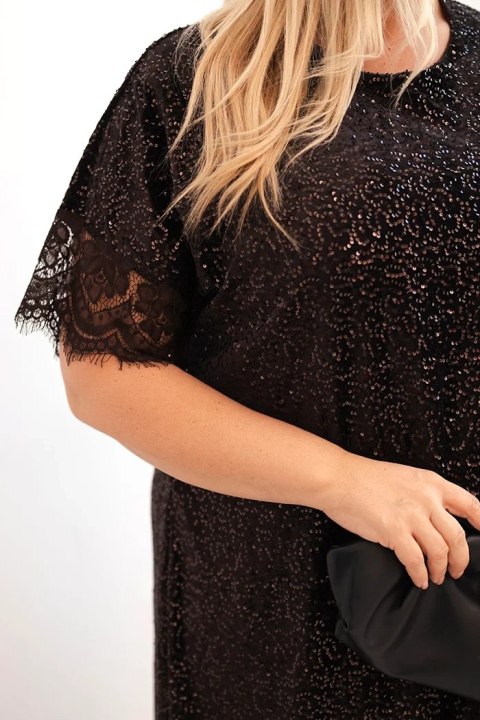 Sukienka damska Plus Size z cekinami i koronkowym wykończeniem brązowa Sukienka damska Plus Size z cekinami i koronkowym wykończeniem brązowa