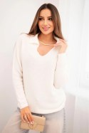 Sweter damski z baby alpaki z kołnierzem i dekoltem V ecru