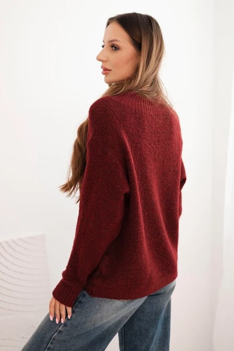 Sweter damski z wełną z długim rękawem i okrągłym dekoltem bordowy