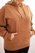 Bluza damska pętelkowa Plus Size bawełniana z kapturem i kieszenią kangurką camelowa