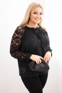 Bluzka damska Plus Size z koronkowym rękawem i ozdobnym dekoltem czarna