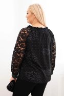 Bluzka damska Plus Size z koronkowym rękawem i ozdobnym dekoltem czarna