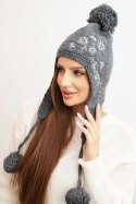 Czapka damska zimowa uszatka z pomponami K431 grafitowa