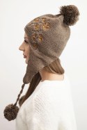 Czapka damska zimowa uszatka z pomponami K431 mocca
