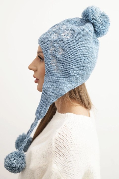 Czapka damska zimowa uszatka z pomponami K431 turkusowa