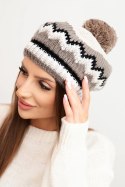 Czapka damska zimowa wełniana z pomponem i kolorowym wzorem K435 beżowa + cappucino