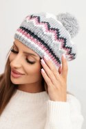 Czapka damska zimowa wełniana z pomponem i kolorowym wzorem K435 biała + szara