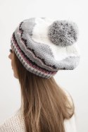 Czapka damska zimowa wełniana z pomponem i kolorowym wzorem K435 biała + szara