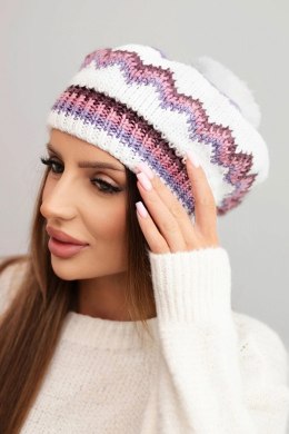 Czapka damska zimowa wełniana z pomponem i kolorowym wzorem K435 fioletowa + biała
