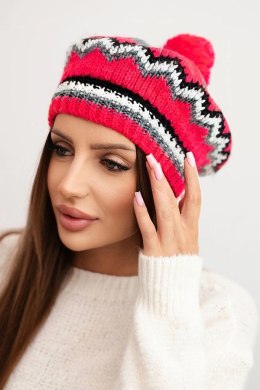 Czapka damska zimowa wełniana z pomponem i kolorowym wzorem K435 grafitowa + fuksja