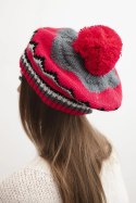 Czapka damska zimowa wełniana z pomponem i kolorowym wzorem K435 grafitowa + fuksja