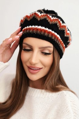Czapka damska zimowa wełniana z pomponem i kolorowym wzorem K435 mocca + czarna