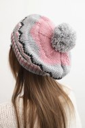 Czapka damska zimowa wełniana z pomponem i kolorowym wzorem K435 różowa + szara