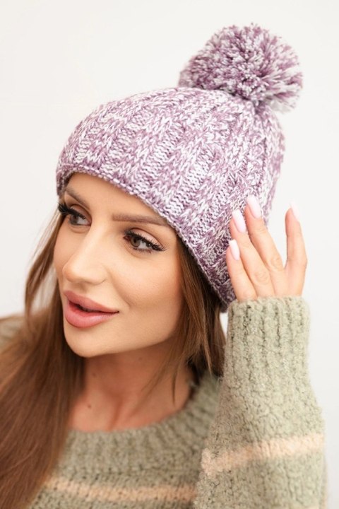 Czapka damska zimowa z pomponem z wełną K424 fioletowa