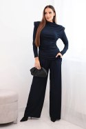 Komplet damski bawełniany z bluzką i spodniami z szeroką nogawką granatowy