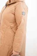 Kurtka damska Plus Size zimowa pikowana z kapturem camelowa