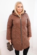 Kurtka damska Plus Size zimowa pikowana z kapturem czekoladowa