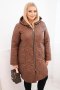 Kurtka damska Plus Size zimowa pikowana z kapturem czekoladowa