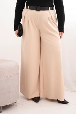 Spodnie damskie Plus Size z szeroką nogawką i paskiem beżowe