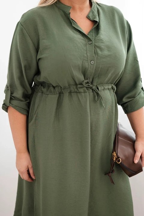 Sukienka damska z wiskozy Plus Size z guzikami i wiązaniem w talii khaki