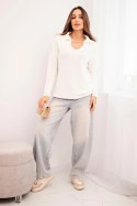 Sweter damski z baby alpaki z kołnierzem i dekoltem V ecru