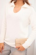 Sweter damski z baby alpaki z kołnierzem i dekoltem V ecru