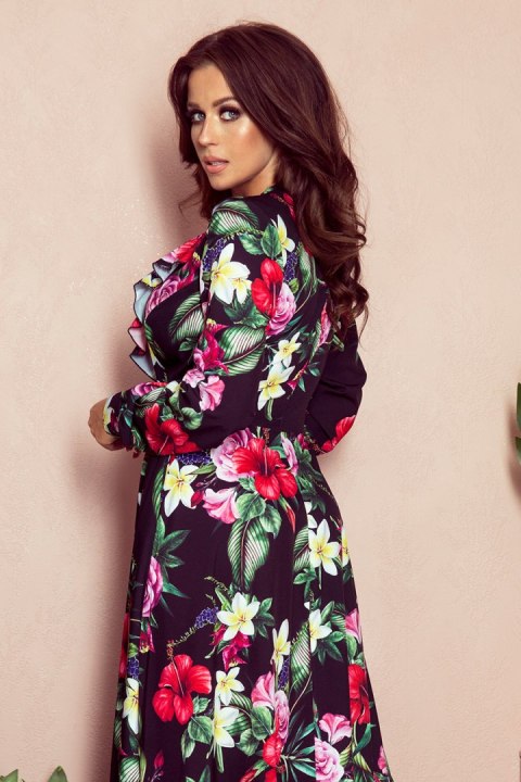 245-3 Sukienka MAXI z falbanką i dekoltem - CZERWONE KWIATY