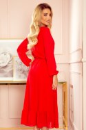 304-3 Szyfonowa sukienka midi z dekoltem i falbanką - CZERWONA