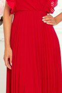 315-3 EMILY Plisowana sukienka z falbankami i dekoltem - CZERWONA
