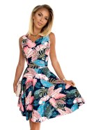 114-17 Rozkloszowana sukienka - dekolt w kształcie serca - granatowa w różowe liście