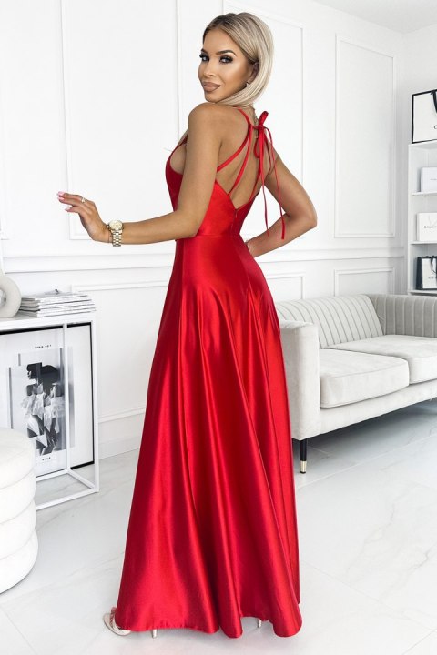 419-1 OPERLA satynowa długa suknia z dekoltem na plecach - CZERWONA
