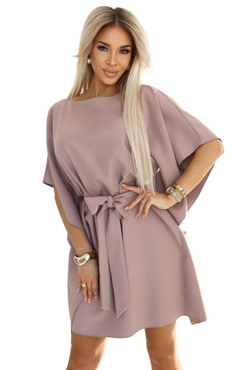 287-37 SOFIA Sukienka motyl z wiązaniem w pasie - MOCHA MOUSSE