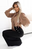 578-1 Wyjątkowa biznesowa bluzka z długim rękawkiem, wiązaniem i guzikami - kolor karmelowy - mocha mousse
