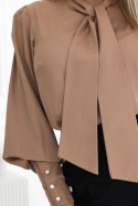 578-1 Wyjątkowa biznesowa bluzka z długim rękawkiem, wiązaniem i guzikami - kolor karmelowy - mocha mousse