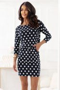 13-167 Sukienka sportowa z wiązaniem i kieszonkami - granat w białe grochy