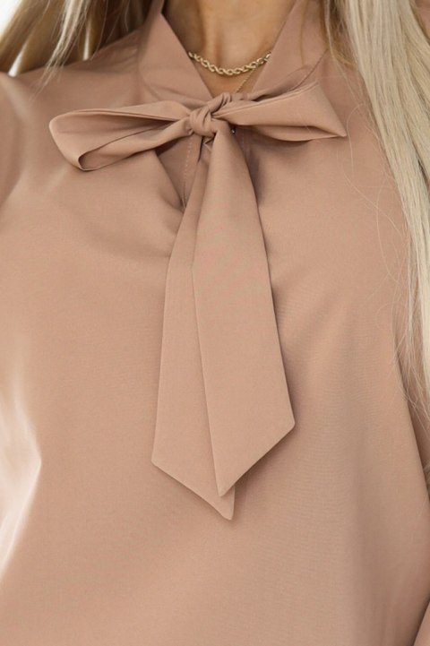 140-27 Biznesowa bluzka z długim rękawkiem i wiązaniem z przodu - MOCHA MOUSSE