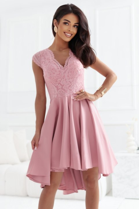 300-7 PATRICIA elegancka sukienka z dłuższym tyłem i koronkowym dekoltem - BRUDNY RÓŻ