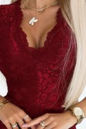 316-12 Koronkowa dopasowana sukienka z krótkim rękawkiem i dekoltem - BORDOWA