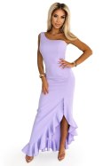 317-6 Długa sukienka z falbaną i asymetrycznym dekoltem - lawendowa