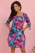 323-2 Wygodna sukienka oversize z wiązaniem na rękawkach - kolorowe kwiaty
